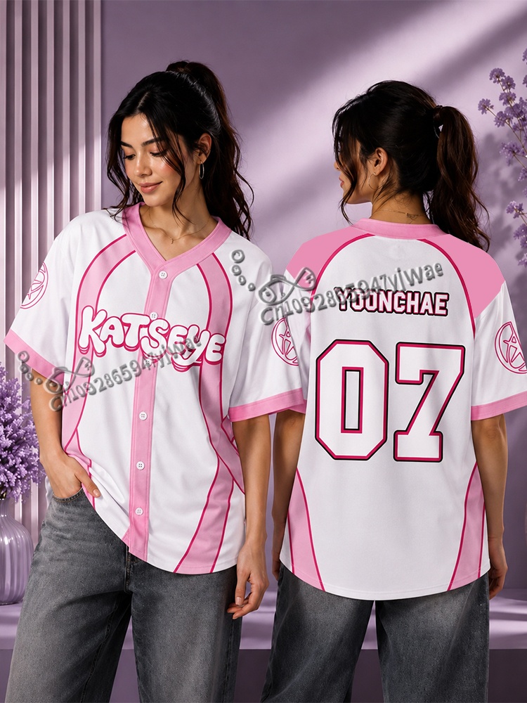 Mens Fashion Baseball Jersey - Candy Pink Katseye Wildworld Tour LARA