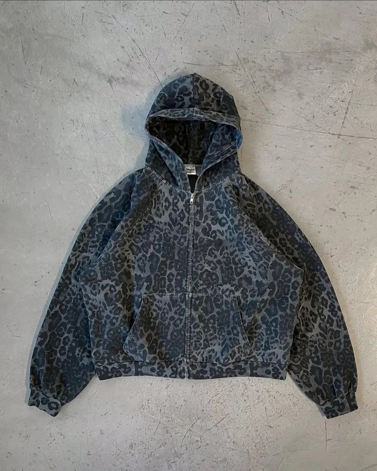 Retro Y2K Leopard Print Zipper - Mens Fashion Zip Up Hoodies review and price