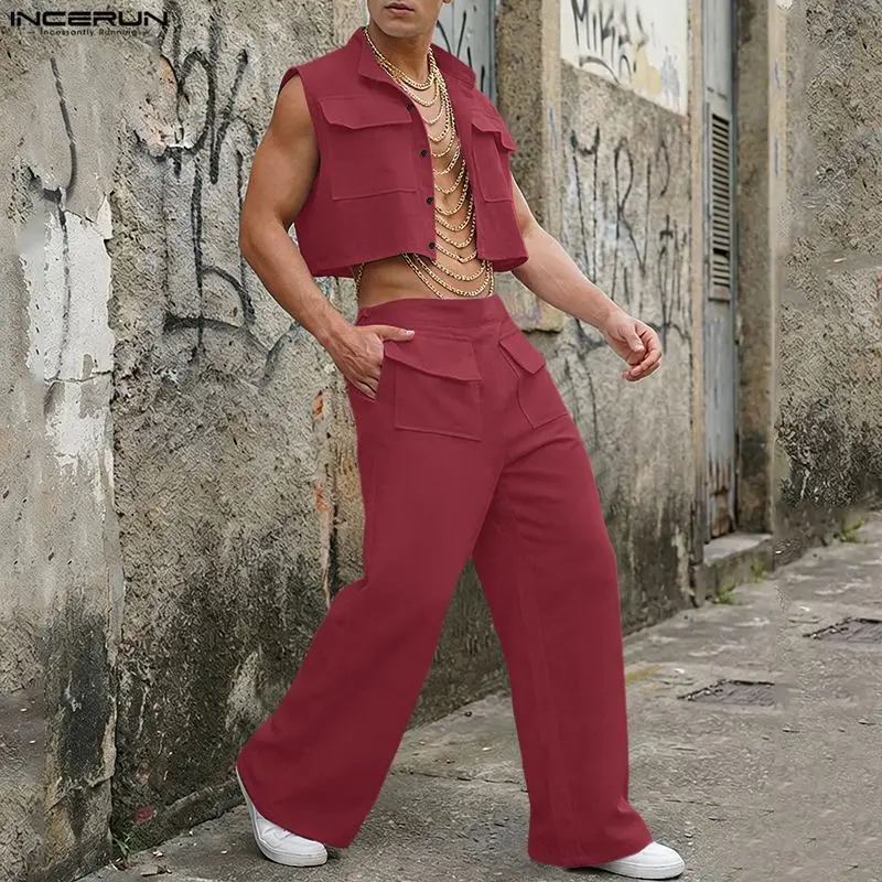 INCERUN Men Sets Solid Sleevel - Mens Fashion Clothes review and price